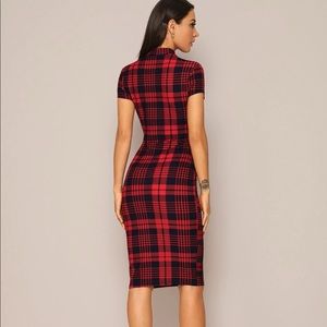 Mock Turtleneck Plaid Form Fitted Midi Dress
